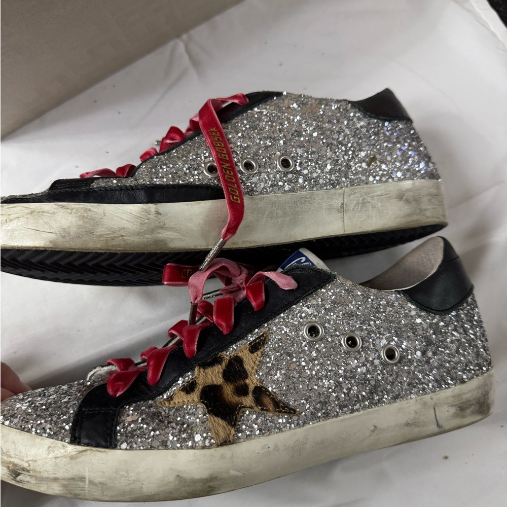 Golden Goose Silver Glitter Sneakers with Leopard Accent and Red Laces